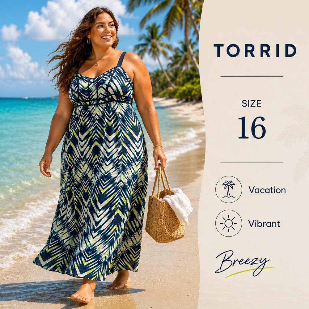 Torrid Maxi Dress Womens 16 Navy Blue Chevron Empire Waist Boho Summer Resort